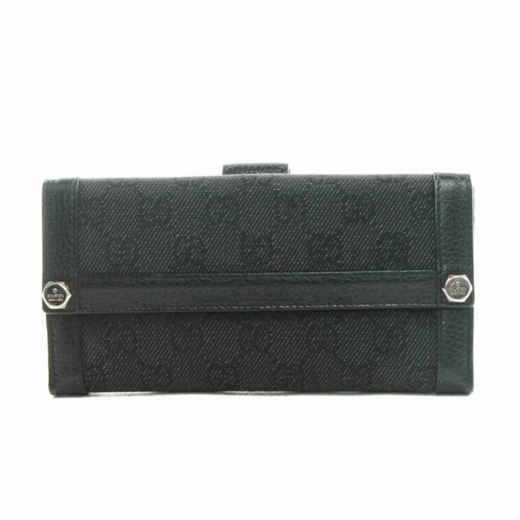 Authentic Gucci black monogram denim & leather long wallet